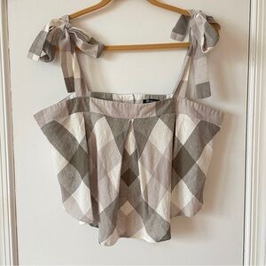 Versona Cropped Gingham Bow Strap Top Linen Blend Summer Top Built-in Bra XL